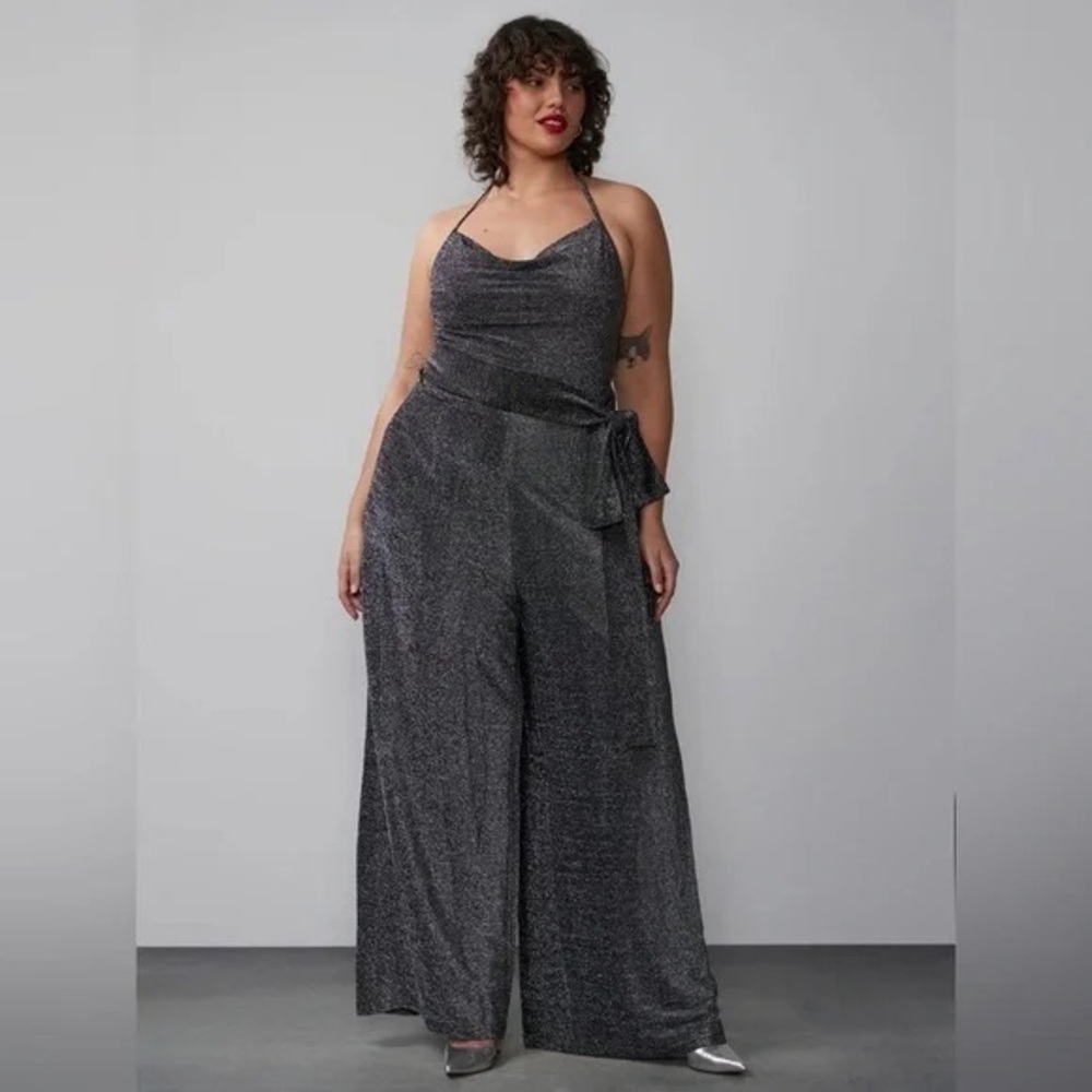 New York & Co. | Plus Cowl Neck Shimmer Knit Jumpsuit Evening Grey